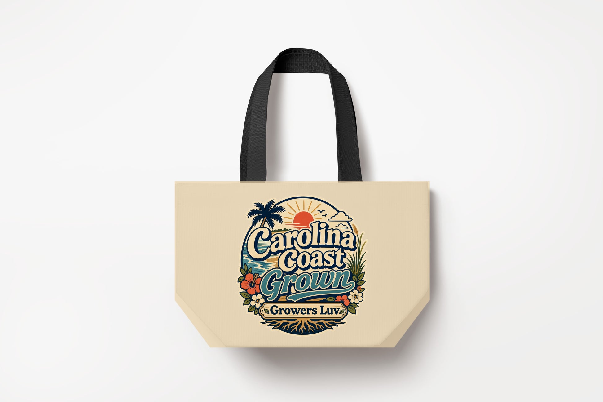 Carolina Coast Grown Large Natural Tote Bag product mockup on natural tote bag