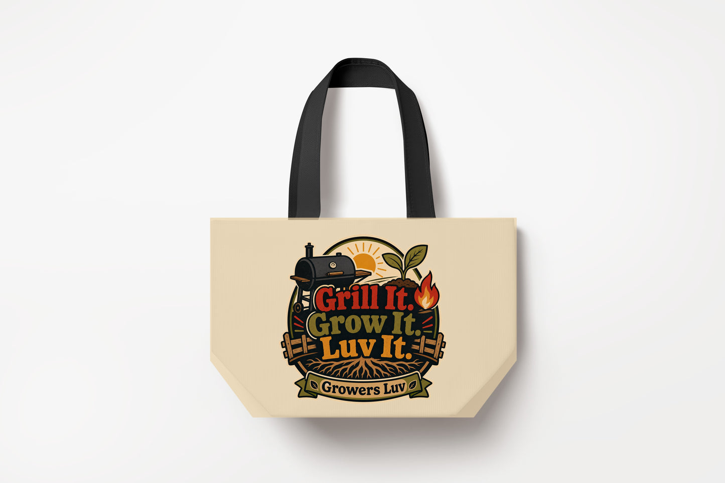 Grill It Grow It Luv It Large Natural Tote Bag product mockup on natural tote bag