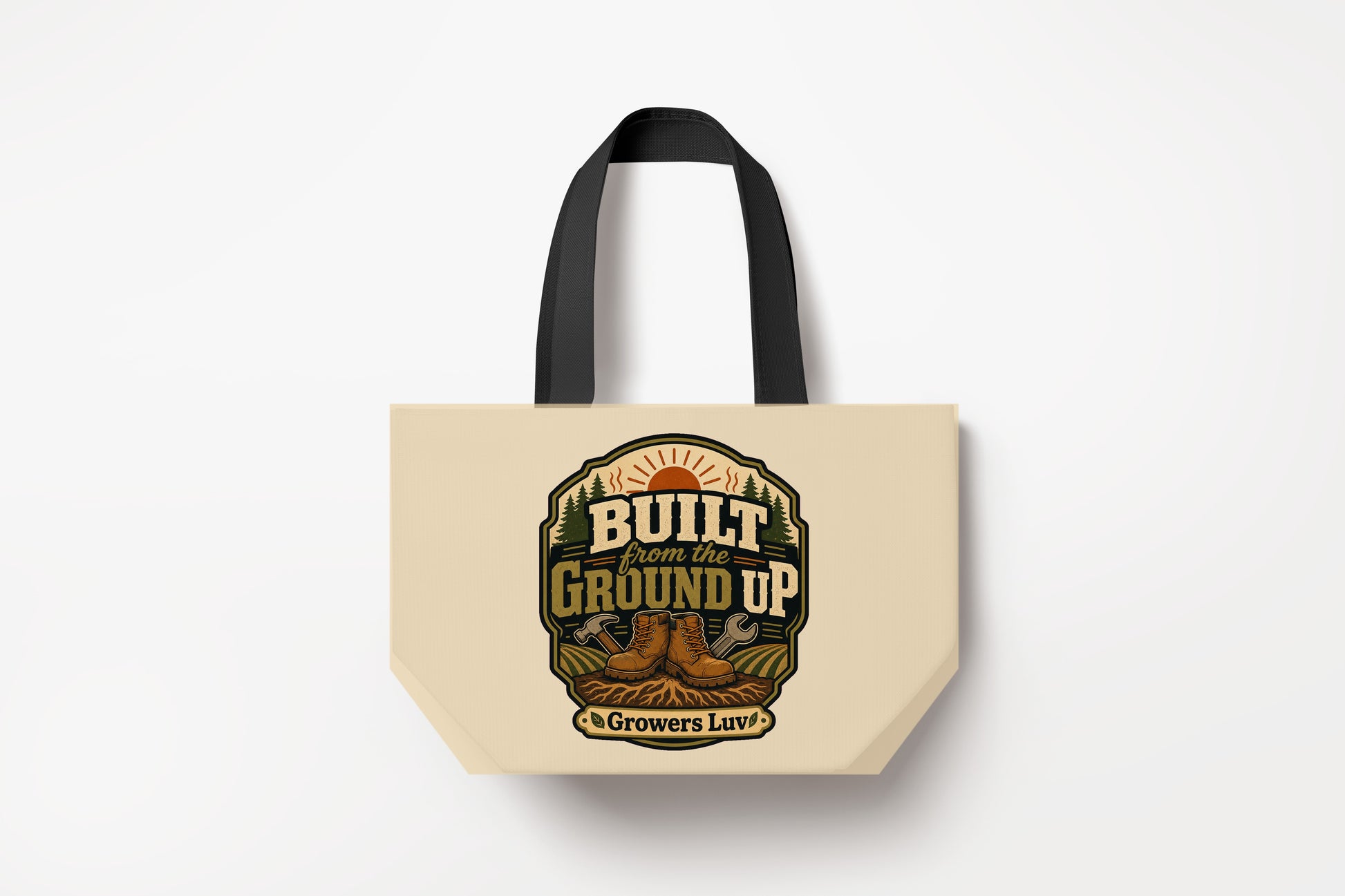 Built From The Ground Up Large Natural Tote Bag product mockup on natural tote bag