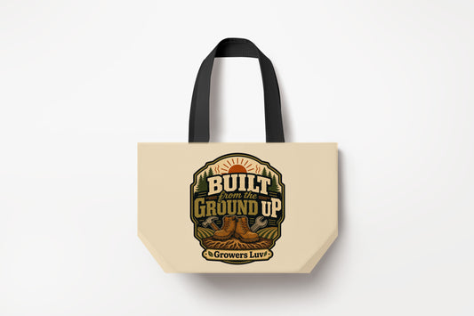 Built From The Ground Up Large Natural Tote Bag product mockup on natural tote bag