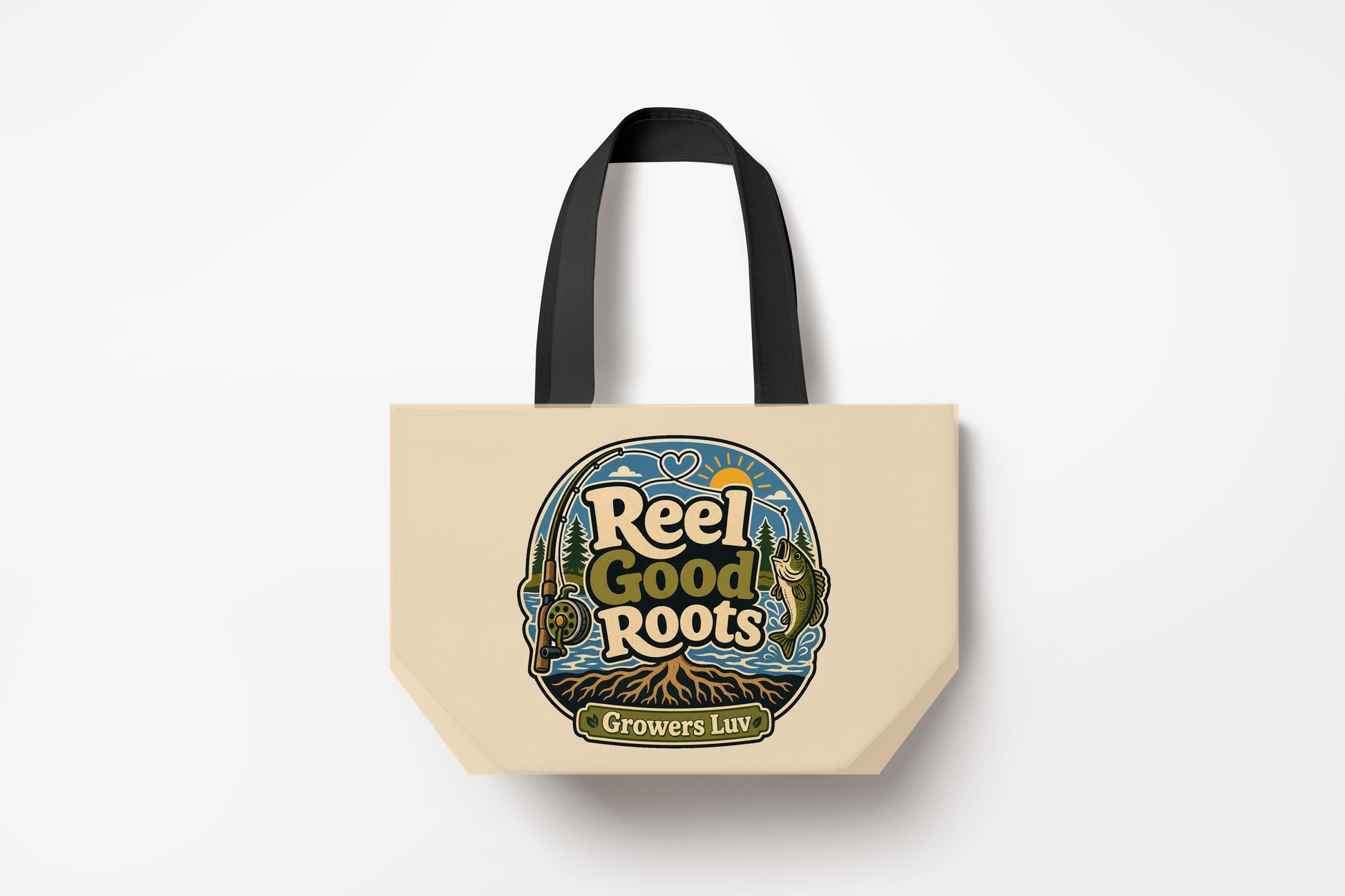 Reel Good Roots Large Natural Tote Bag product mockup on natural tote bag