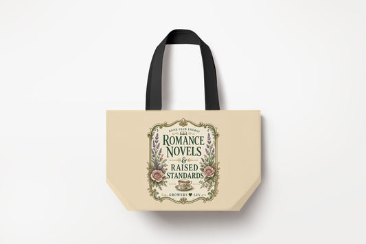 Romance Novels And Raised Standards Large Natural Tote Bag product mockup on natural tote bag