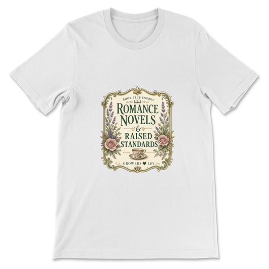 Romance Novels And Raised Standards Women's Bella Canvas Graphic Tee in White
