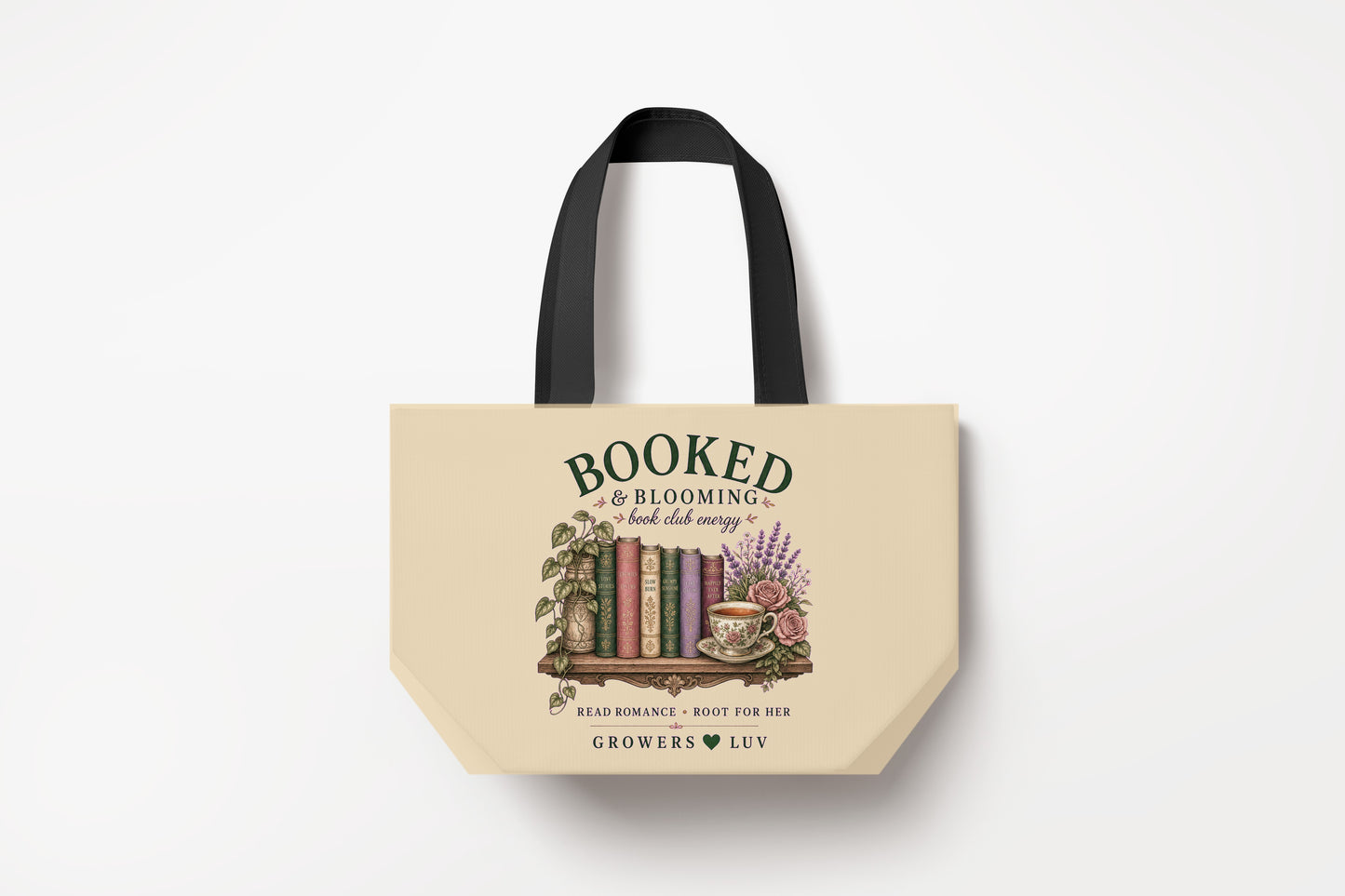 Booked And Blooming Large Natural Tote Bag product mockup on natural tote bag