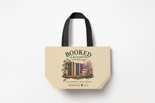 Booked And Blooming Large Natural Tote Bag product mockup on natural tote bag