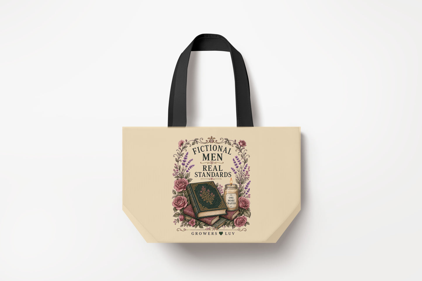 Fictional Men Real Standards Large Natural Tote Bag product mockup on natural tote bag