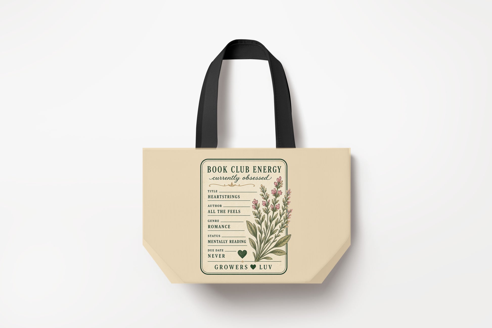 Currently Obsessed Book Club Large Natural Tote Bag product mockup on natural tote bag