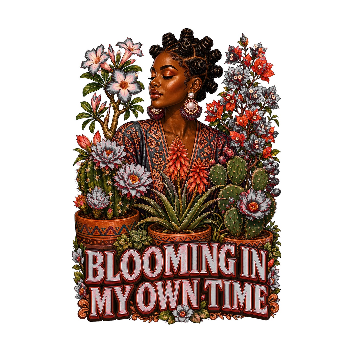 Blooming in My Own Time Women's Plant Lover Graphic Tee artwork detail