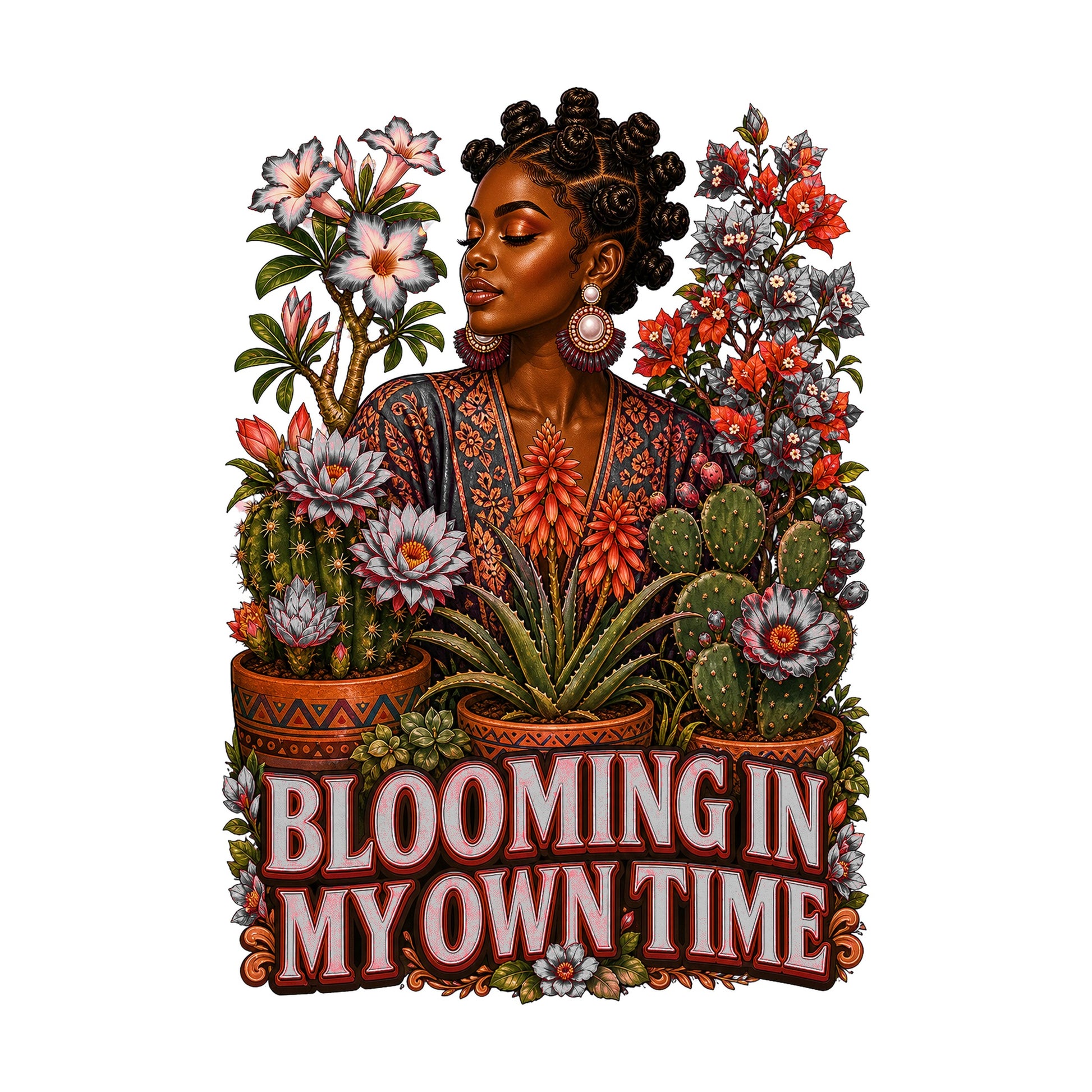 Blooming in My Own Time Women's Plant Lover Graphic Tee artwork detail