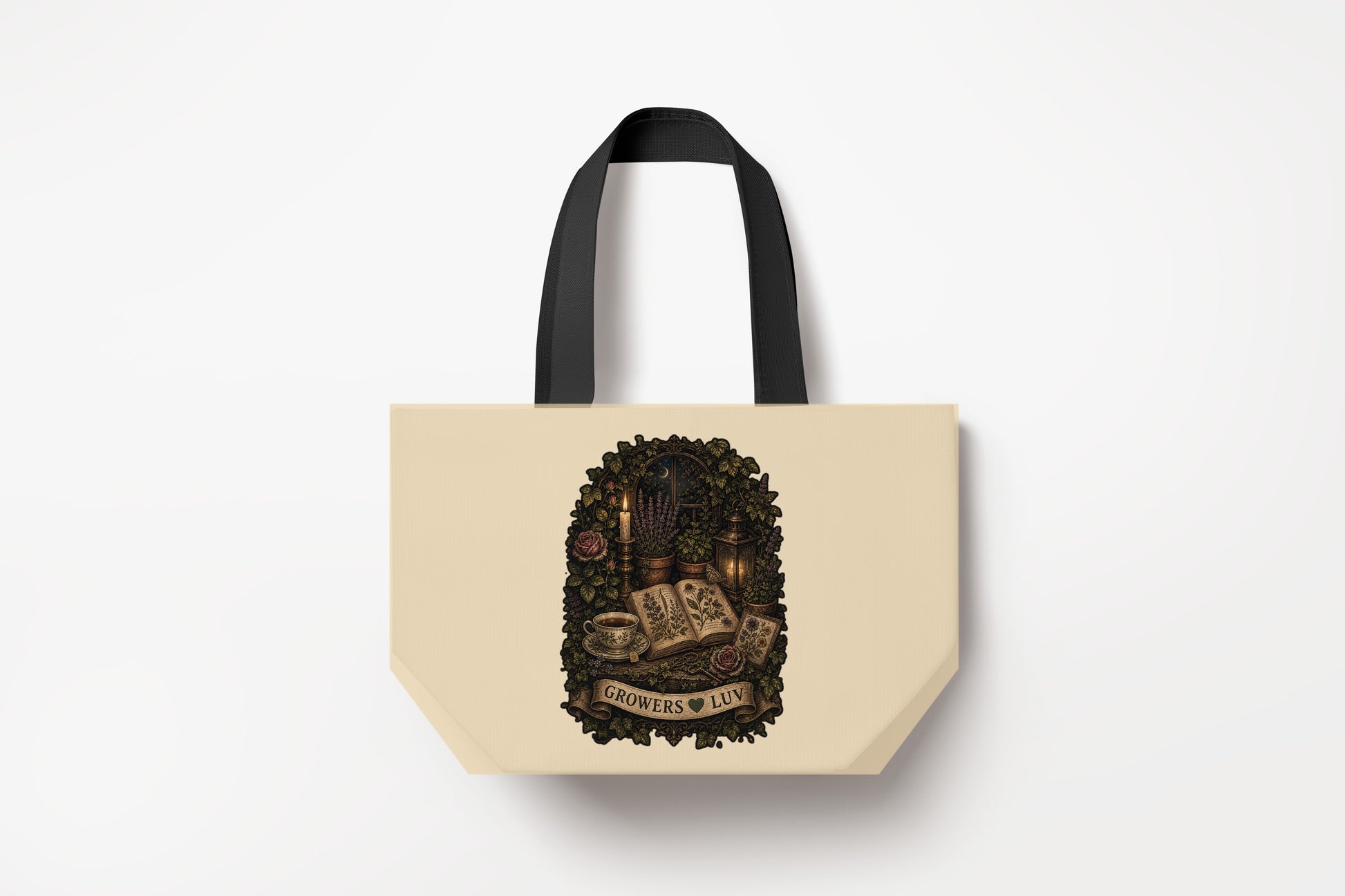 Candlelit Book Garden Large Natural Tote Bag product mockup on natural tote bag