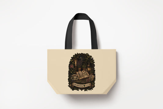 Candlelit Book Garden Large Natural Tote Bag product mockup on natural tote bag