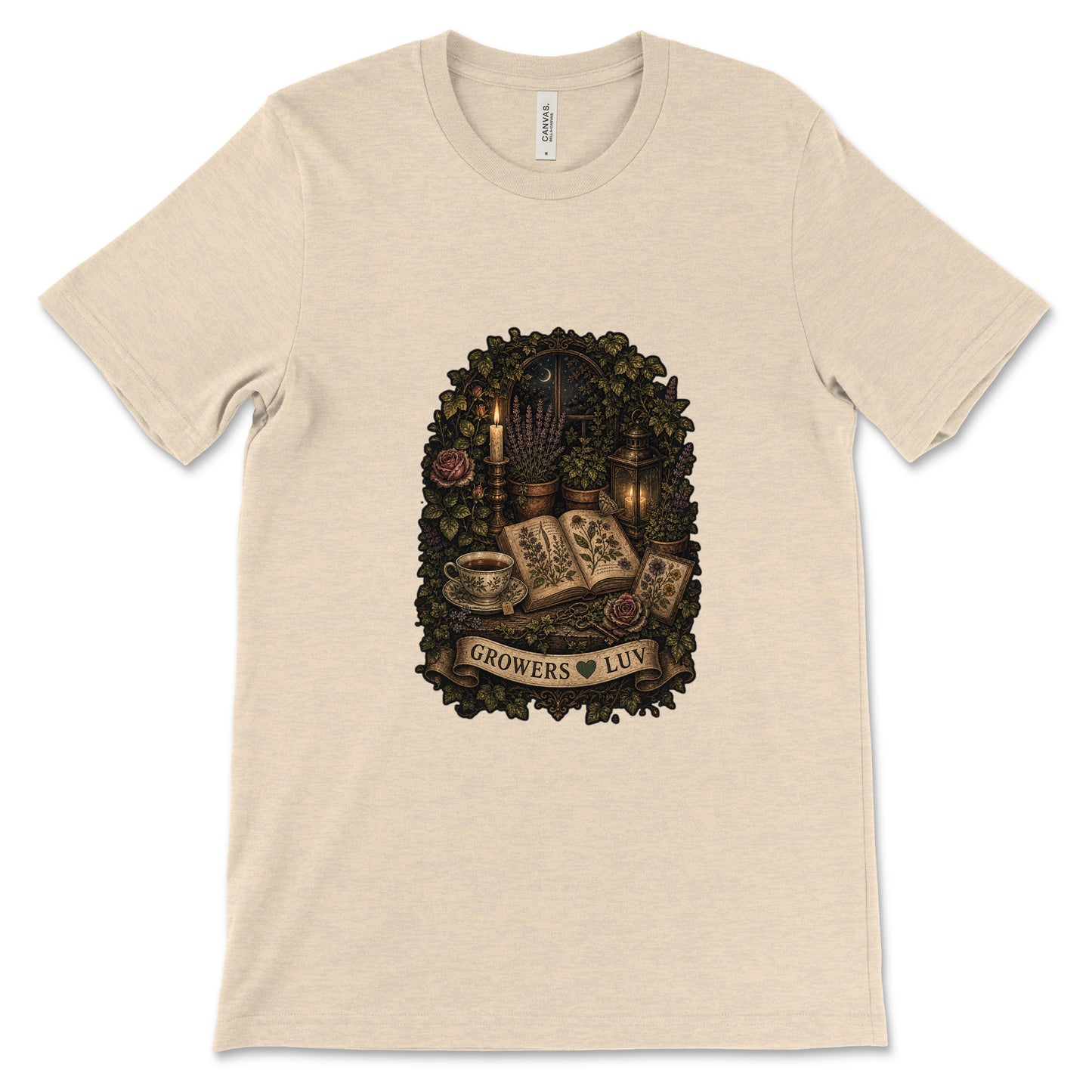 Candlelit Book Garden Women's Bella Canvas Graphic Tee in Heather Dust