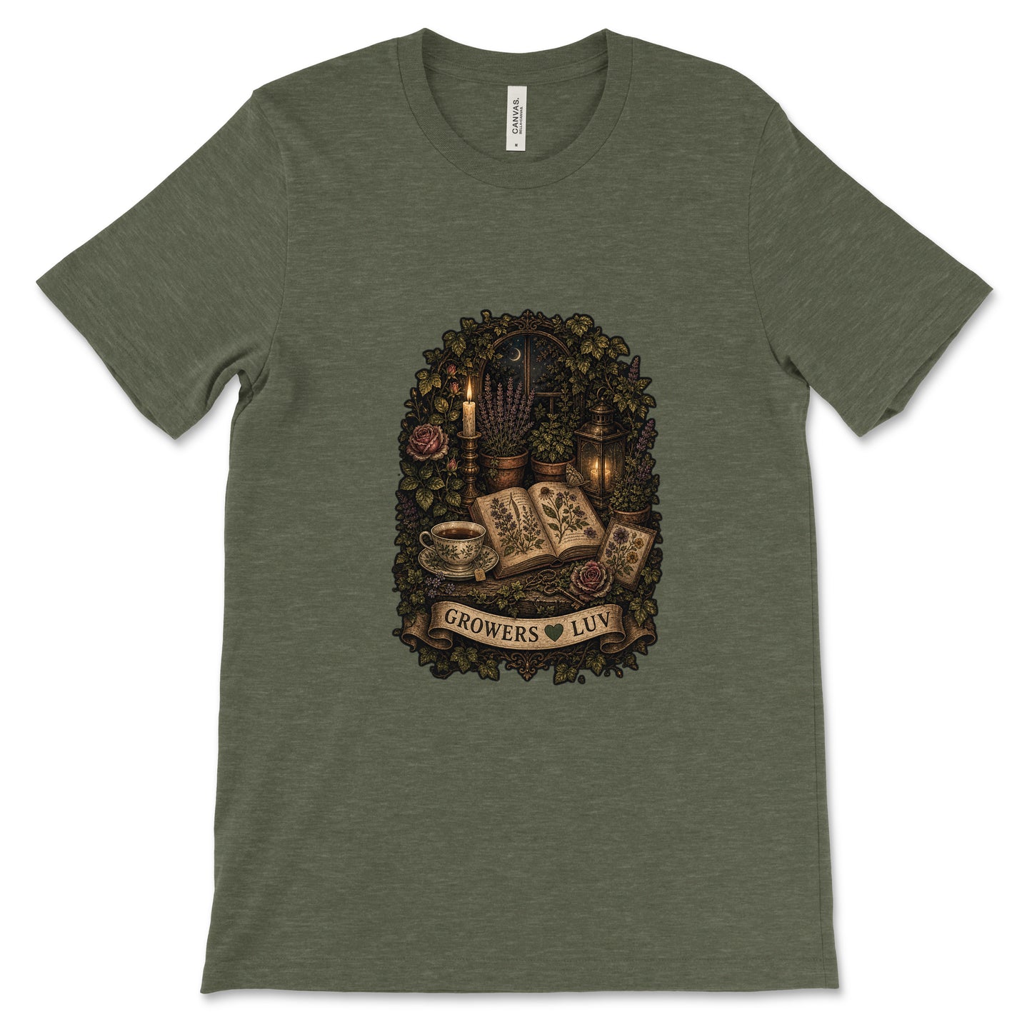 Candlelit Book Garden Women's Bella Canvas Graphic Tee in Heather Military Green