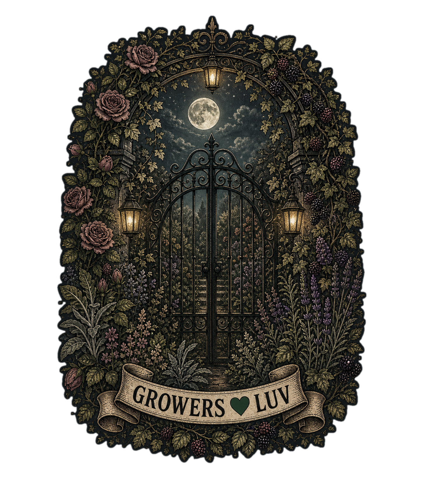 Moonlit Garden Gate Women's Bella Canvas Graphic Tee artwork detail