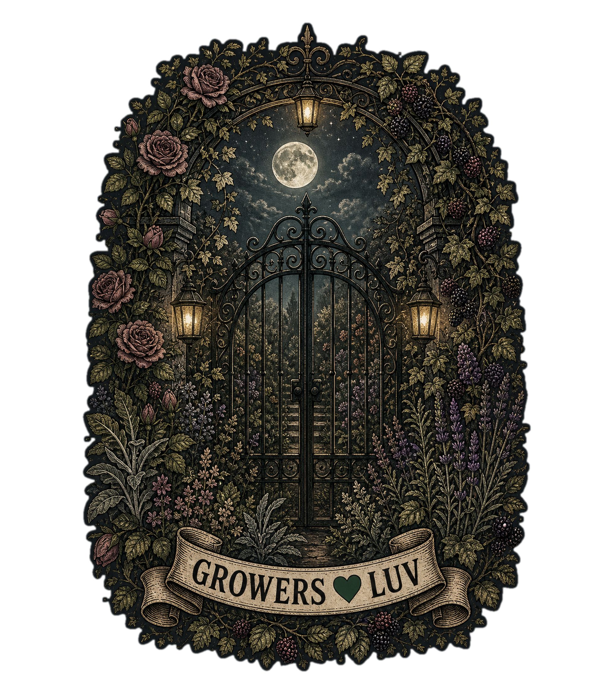 Moonlit Garden Gate Women's Bella Canvas Graphic Tee artwork detail