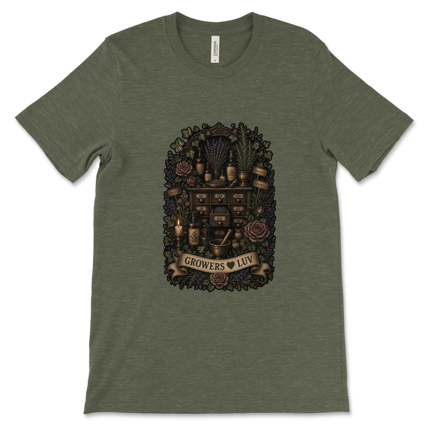 Garden Apothecary Women's Bella Canvas Graphic Tee in Heather Military Green