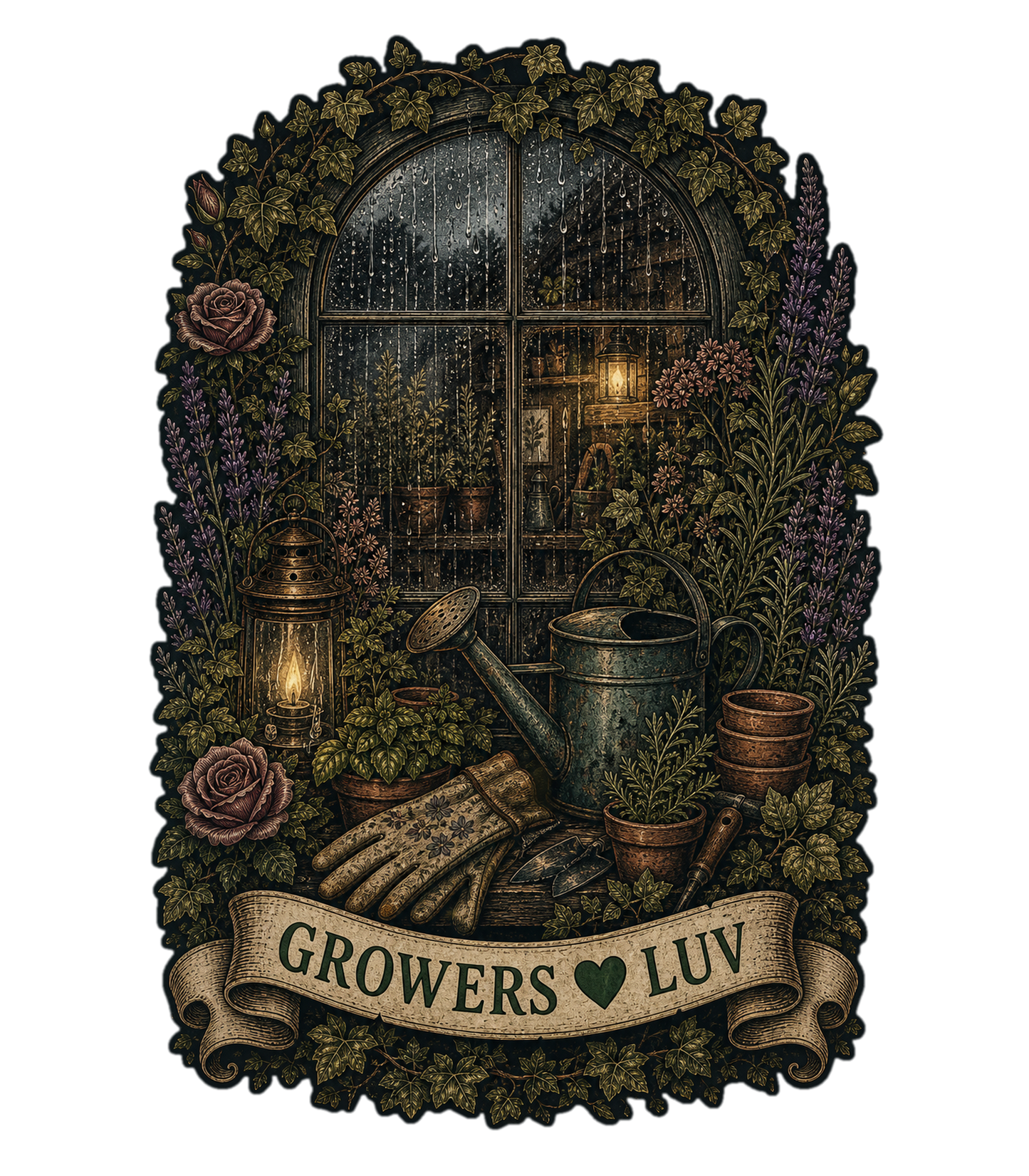 Rainy Potting Window Women's Bella Canvas Graphic Tee artwork detail