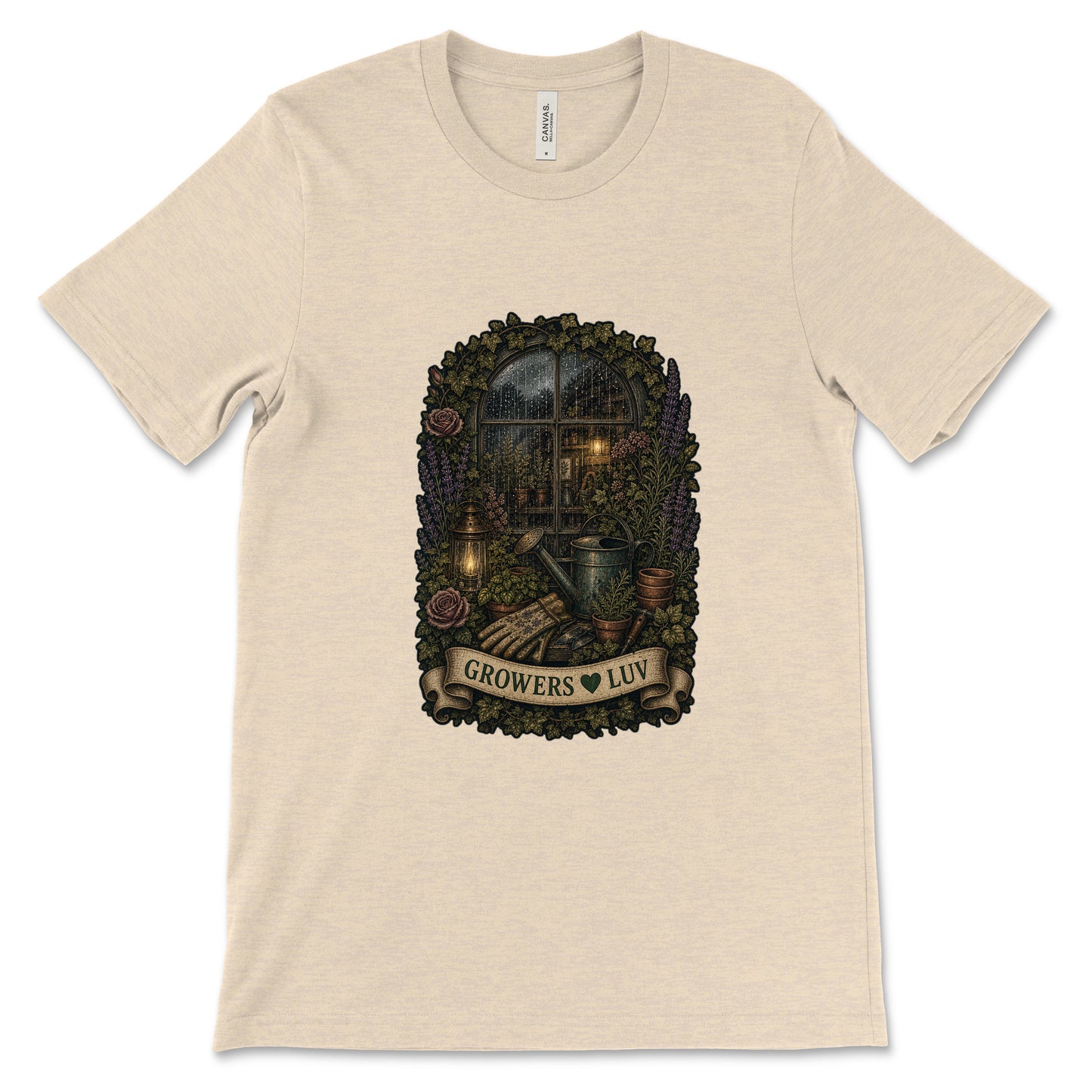 Rainy Potting Window Women's Bella Canvas Graphic Tee in Heather Dust