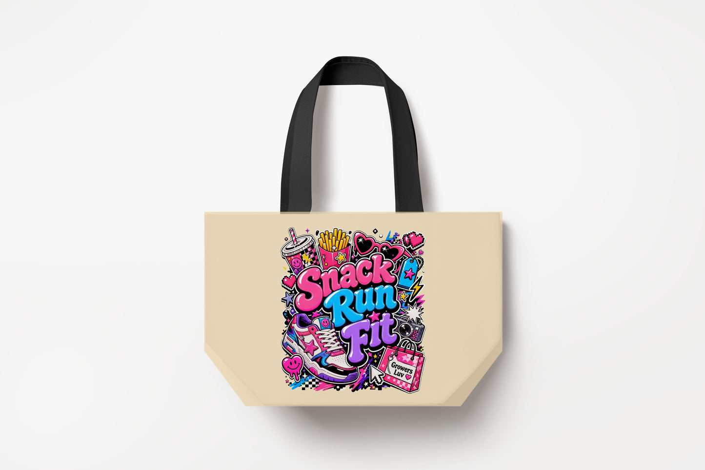 Snack Run Fit Large Natural Tote Bag product mockup on natural tote bag