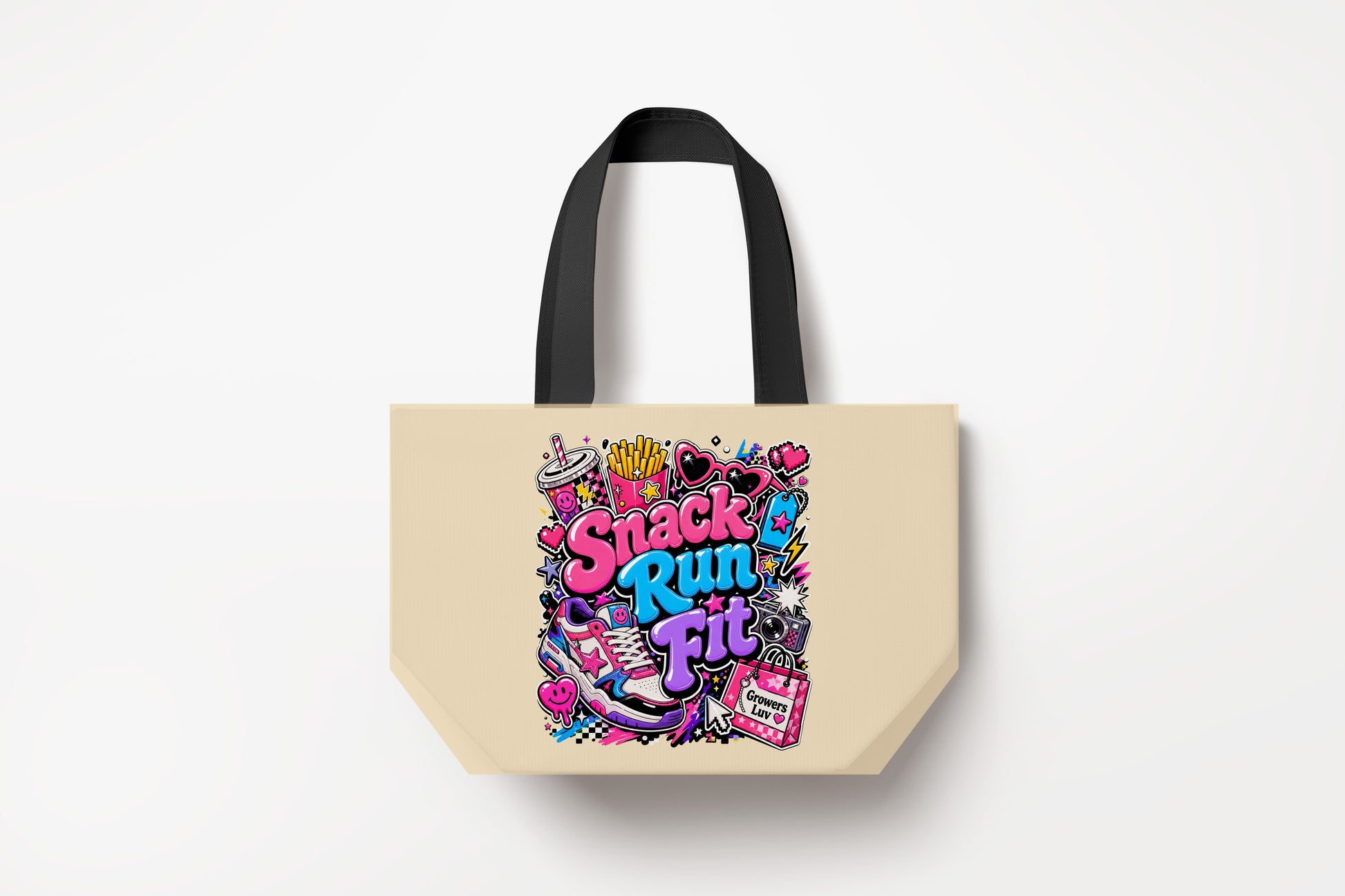 Snack Run Fit Large Natural Tote Bag product mockup on natural tote bag