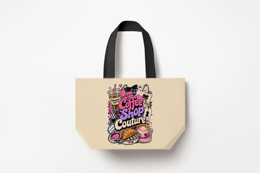 Coffee Shop Couture Large Natural Tote Bag product mockup on natural tote bag