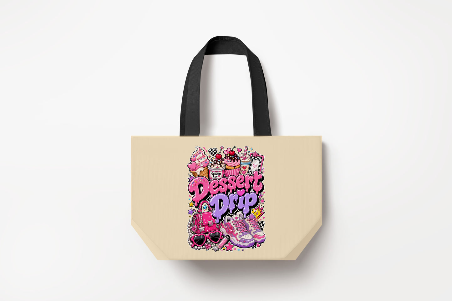 Dessert Drip Large Natural Tote Bag product mockup on natural tote bag