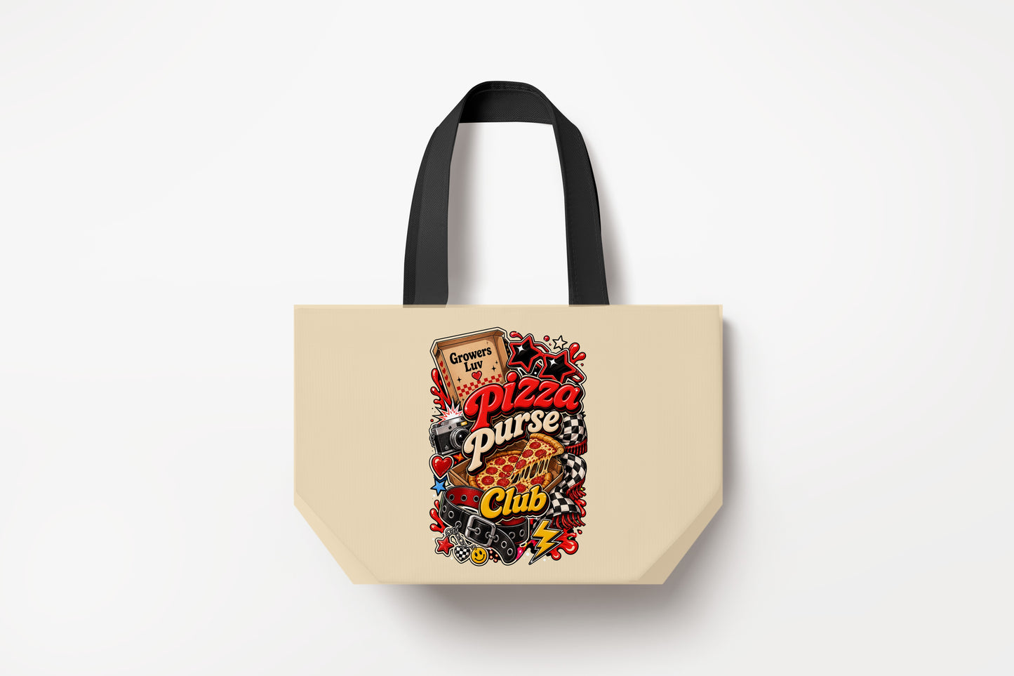 Pizza Purse Club Large Natural Tote Bag product mockup on natural tote bag