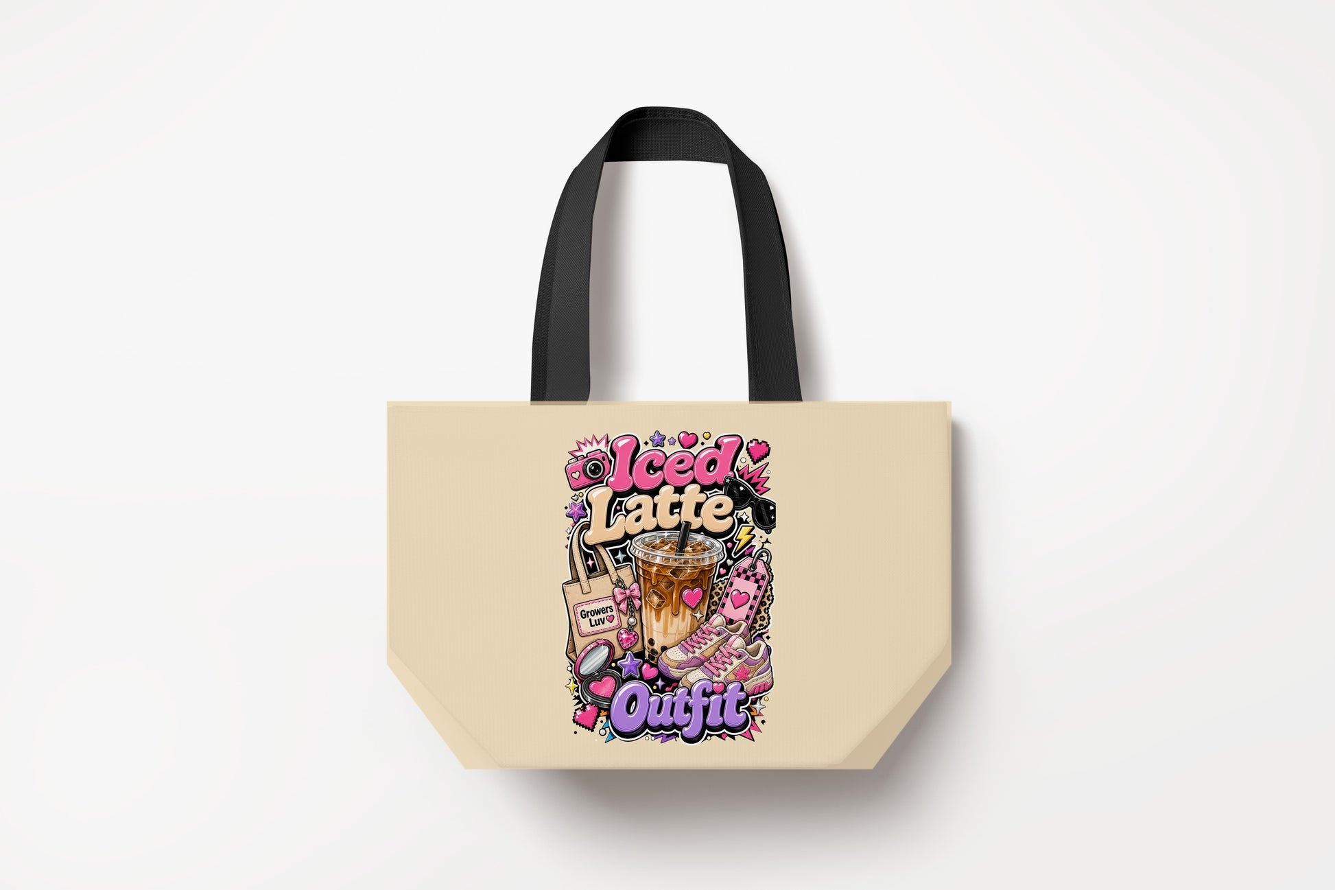 Iced Latte Outfit Large Natural Tote Bag product mockup on natural tote bag