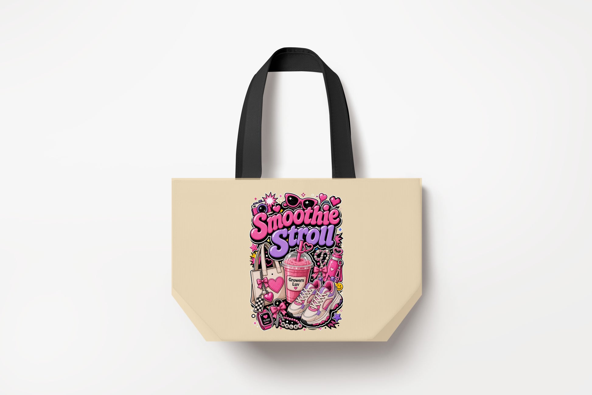 Smoothie Stroll Large Natural Tote Bag product mockup on natural tote bag