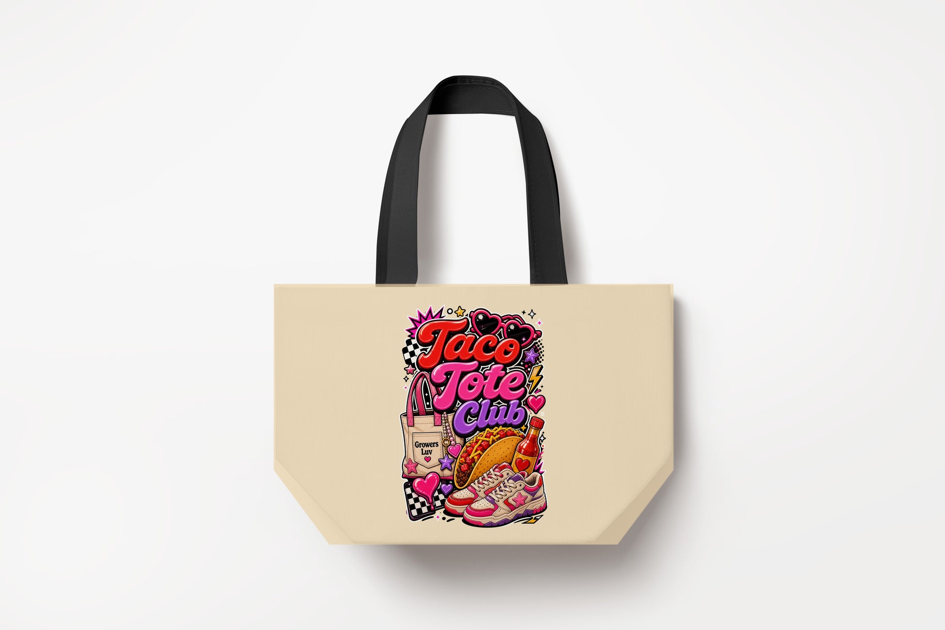 Taco Tote Club Large Natural Tote Bag product mockup on natural tote bag