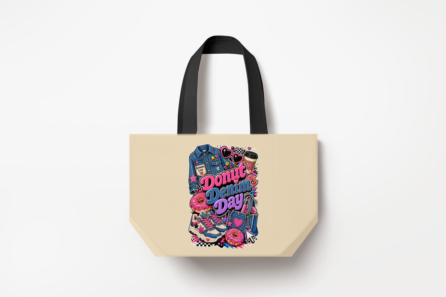Donut Denim Day Large Natural Tote Bag product mockup on natural tote bag