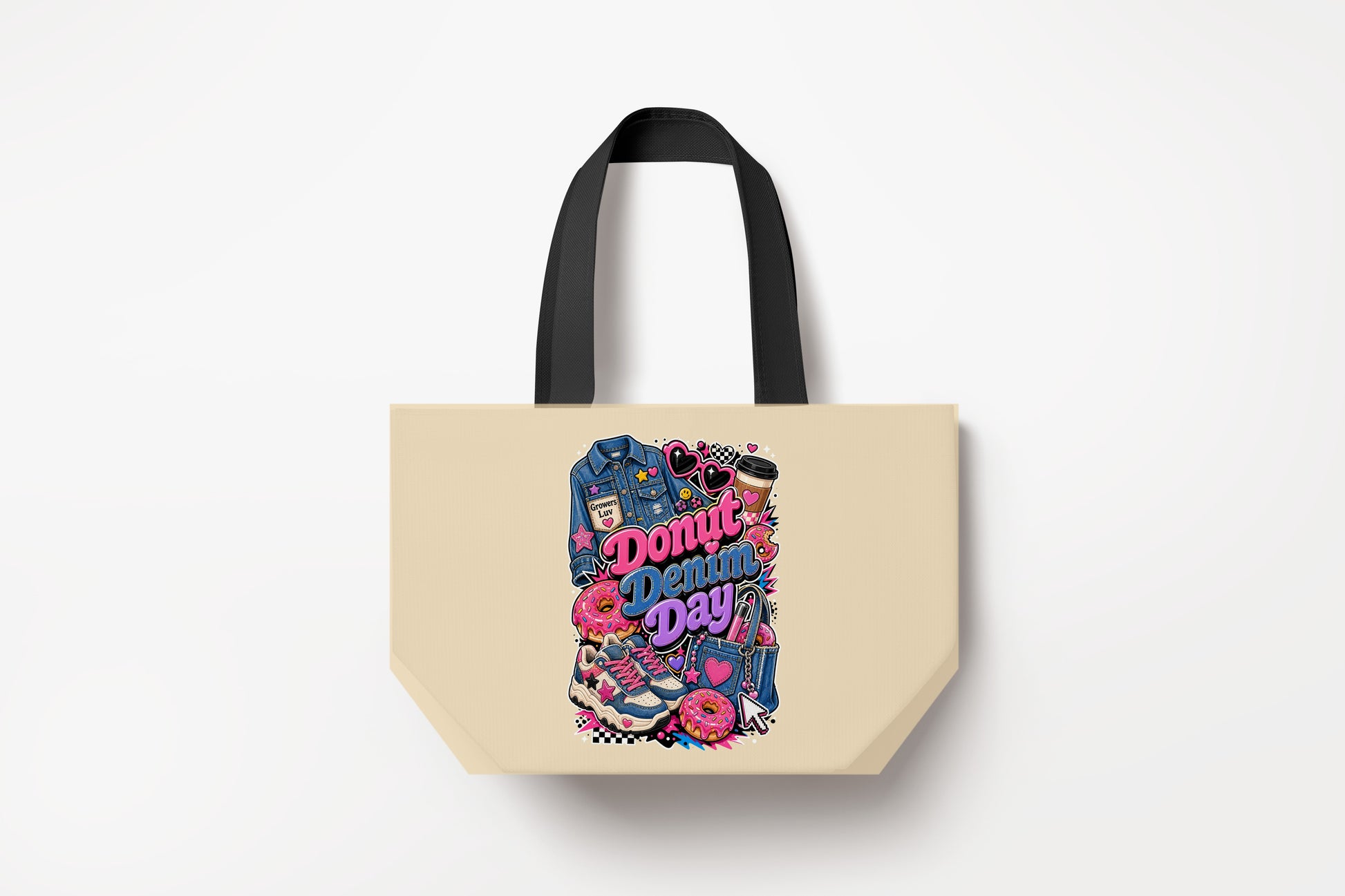 Donut Denim Day Large Natural Tote Bag product mockup on natural tote bag