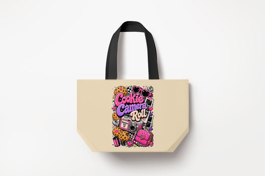 Cookie Camera Roll Large Natural Tote Bag product mockup on natural tote bag
