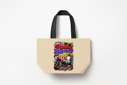 Popcorn Paparazzi Large Natural Tote Bag product mockup on natural tote bag