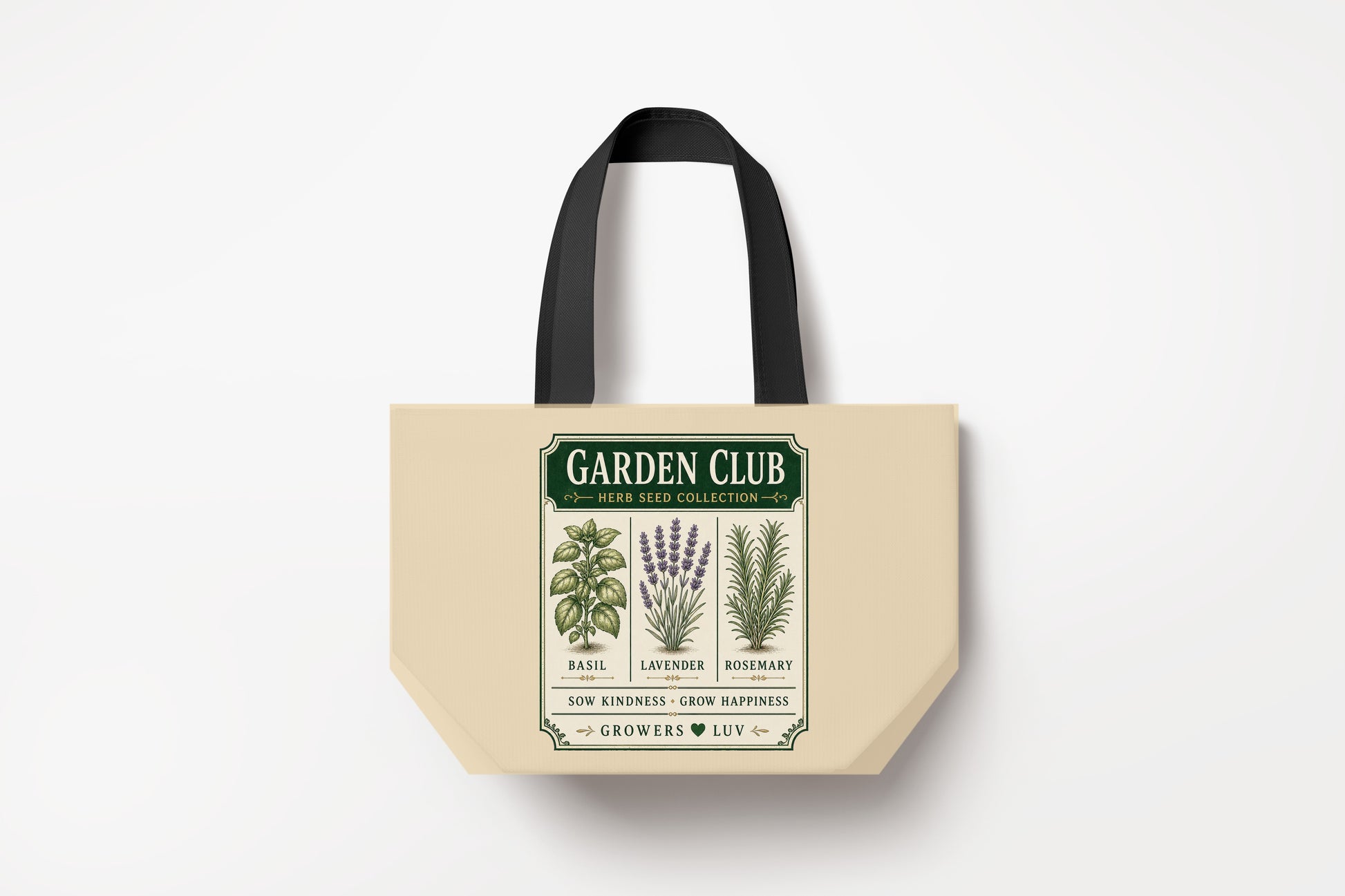 Garden Club Herb Seed Collection Large Natural Tote Bag product mockup on natural tote bag