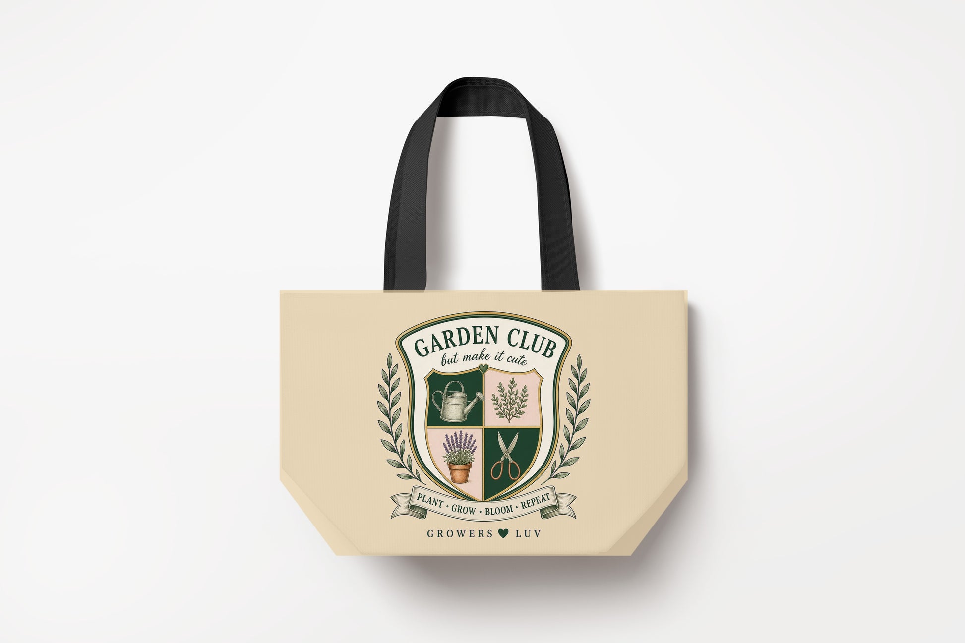 Garden Club Crest Large Natural Tote Bag product mockup on natural tote bag