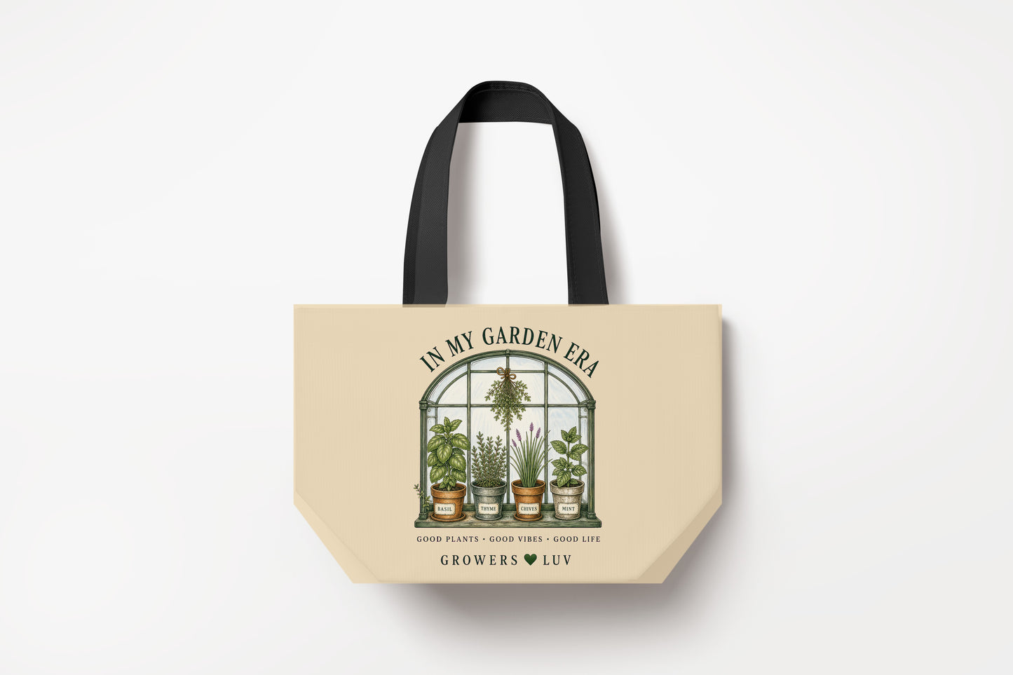 In My Garden Era Large Natural Tote Bag product mockup on natural tote bag