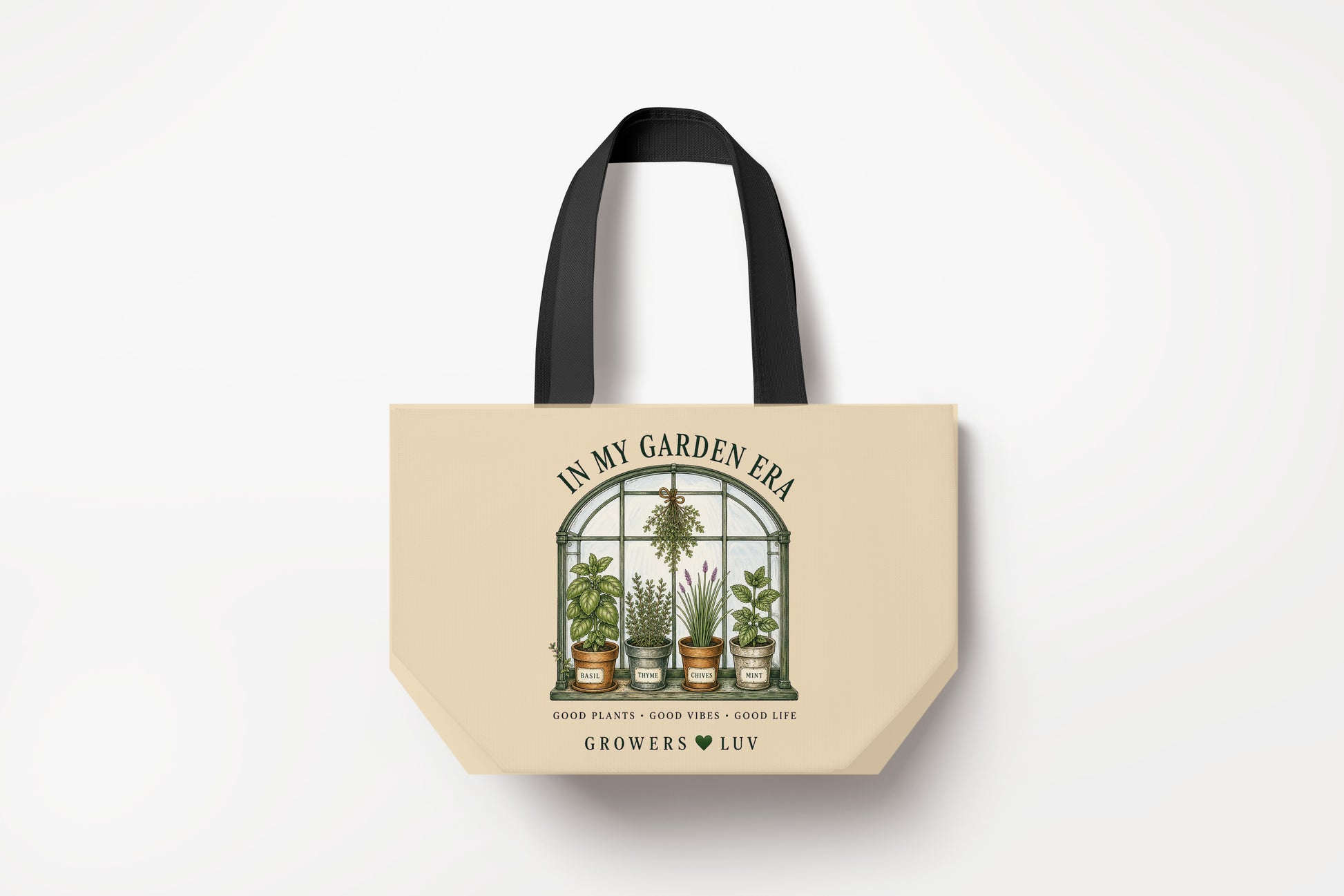In My Garden Era Large Natural Tote Bag product mockup on natural tote bag