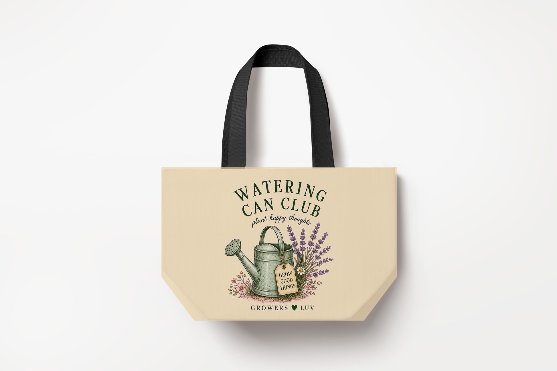 Watering Can Club Large Natural Tote Bag product mockup on natural tote bag