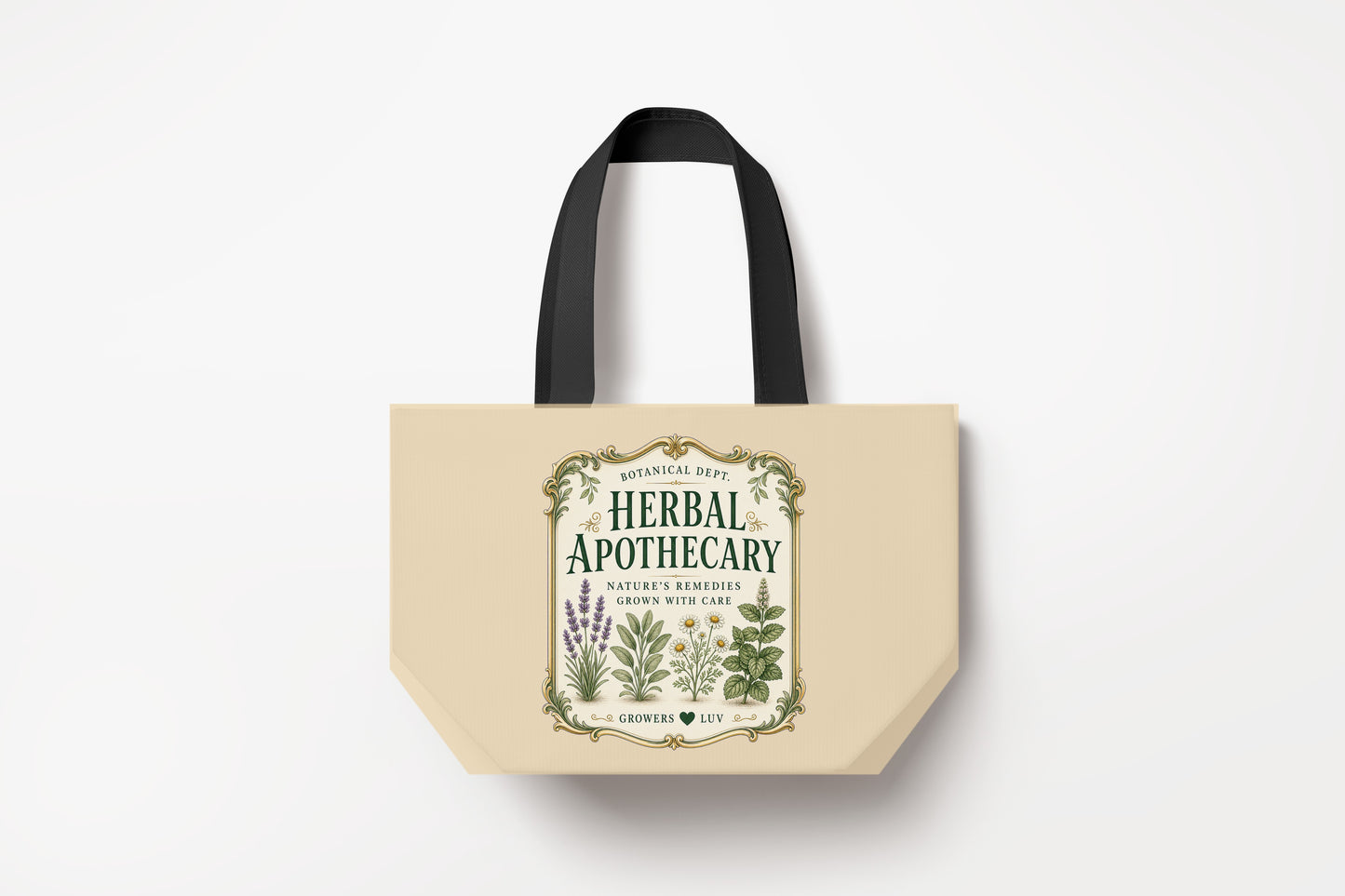 Herbal Apothecary Large Natural Tote Bag product mockup on natural tote bag