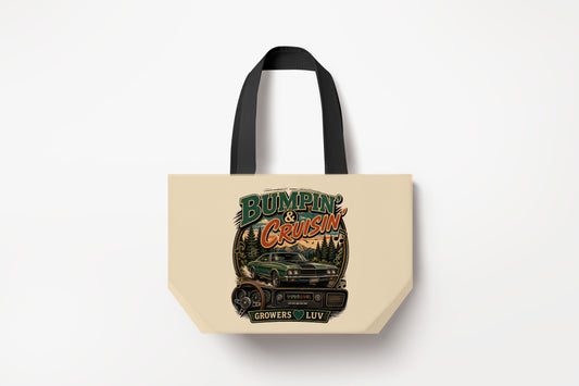 Bumpin And Cruisin Large Natural Tote Bag product mockup on natural tote bag