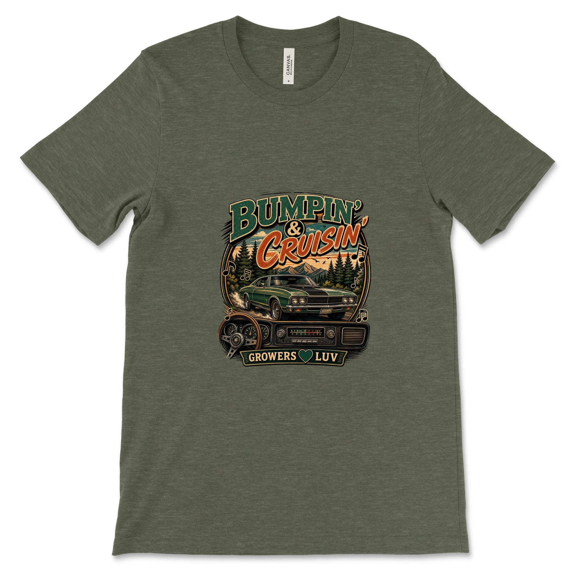 Bumpin And Cruisin Women's Bella Canvas Graphic Tee in Heather Military Green