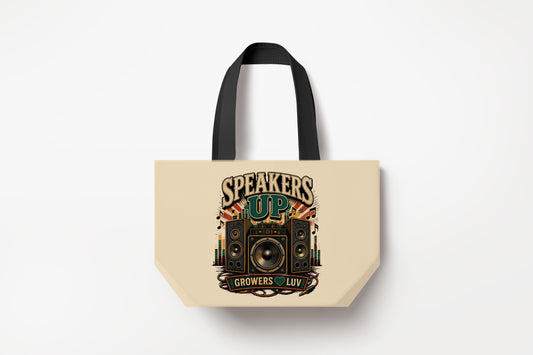 Speakers Up Large Natural Tote Bag product mockup on natural tote bag