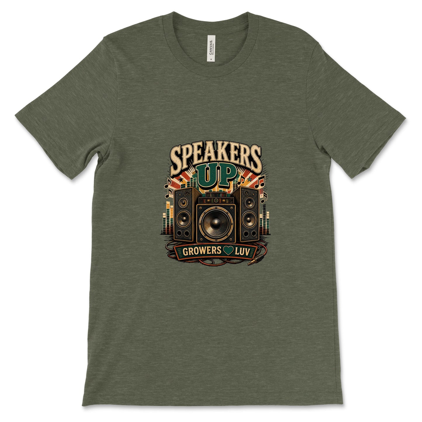 Speakers Up Women's Bella Canvas Graphic Tee in Heather Military Green