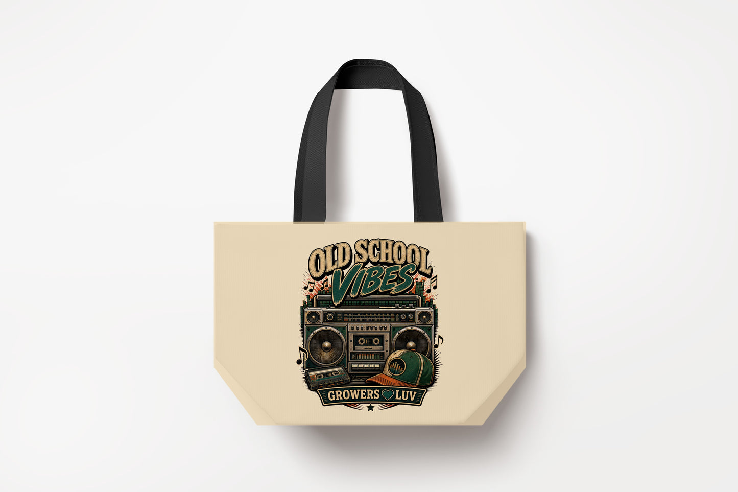 Old School Vibes Large Natural Tote Bag product mockup on natural tote bag