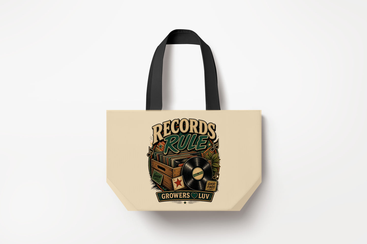 Records Rule Large Natural Tote Bag product mockup on natural tote bag