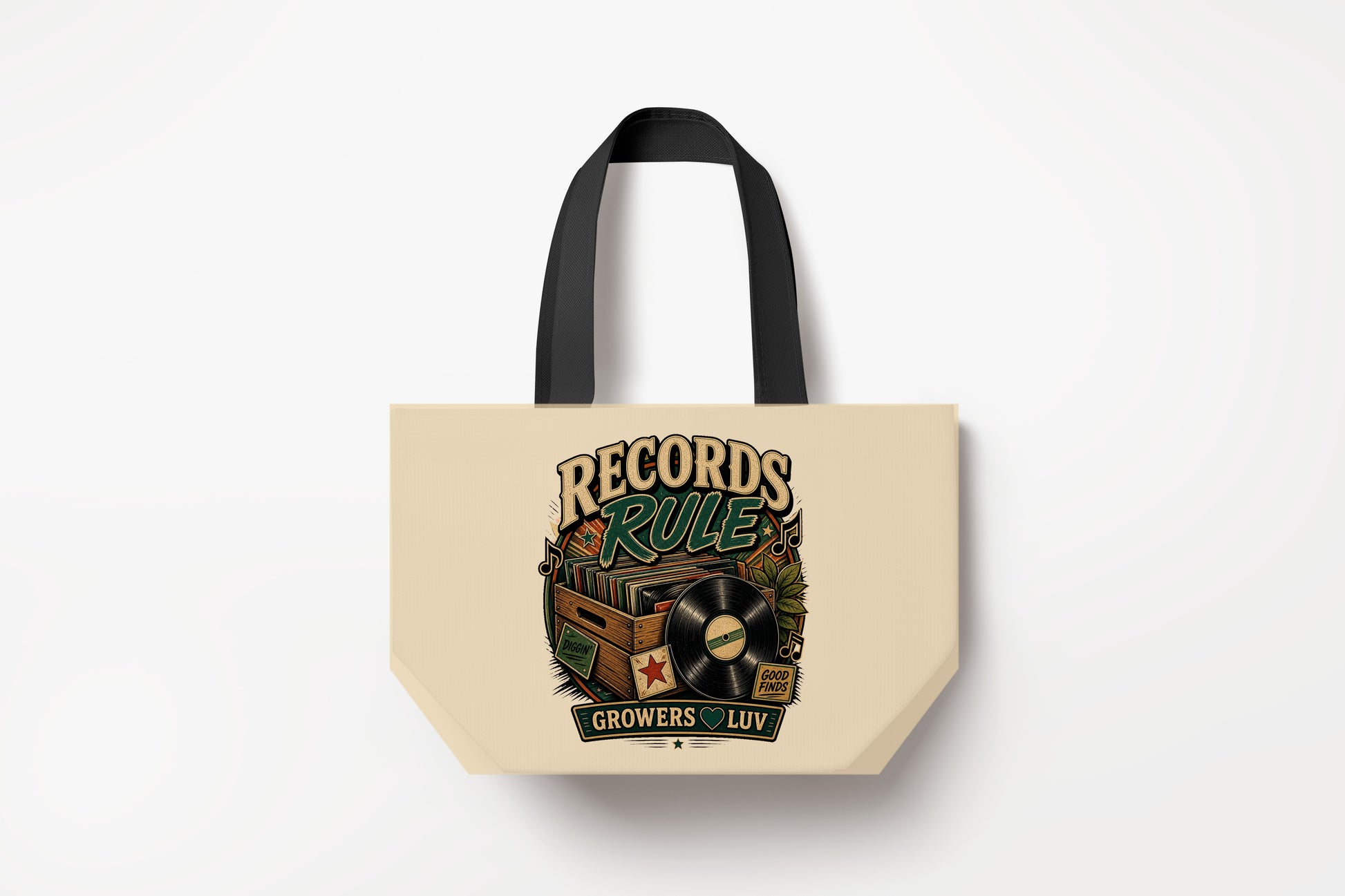 Records Rule Large Natural Tote Bag product mockup on natural tote bag