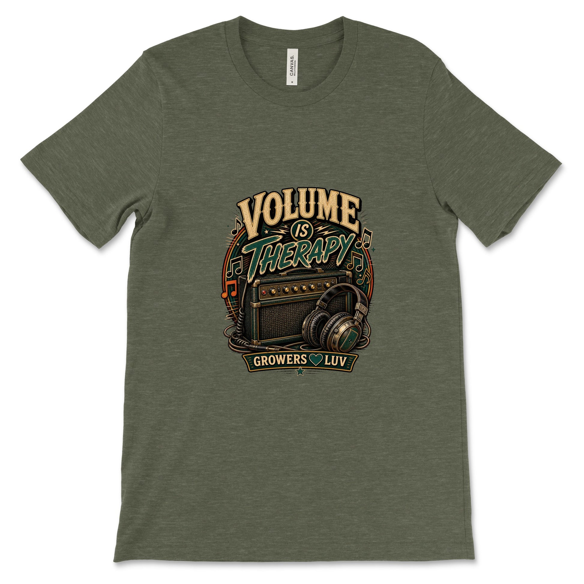 Volume Is Therapy Women's Bella Canvas Graphic Tee in Heather Military Green