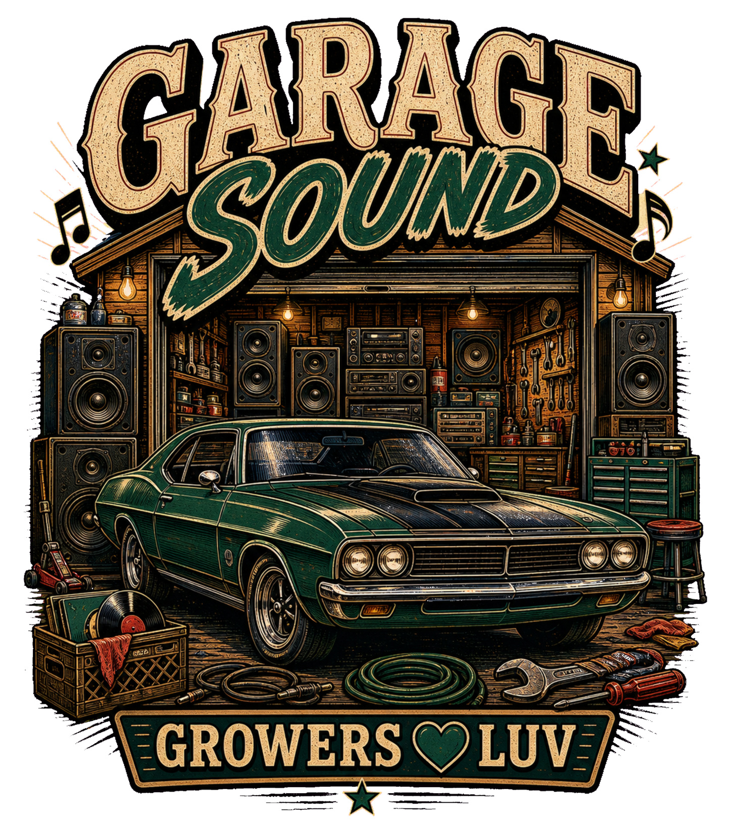 Garage Sound Large Natural Tote Bag artwork detail