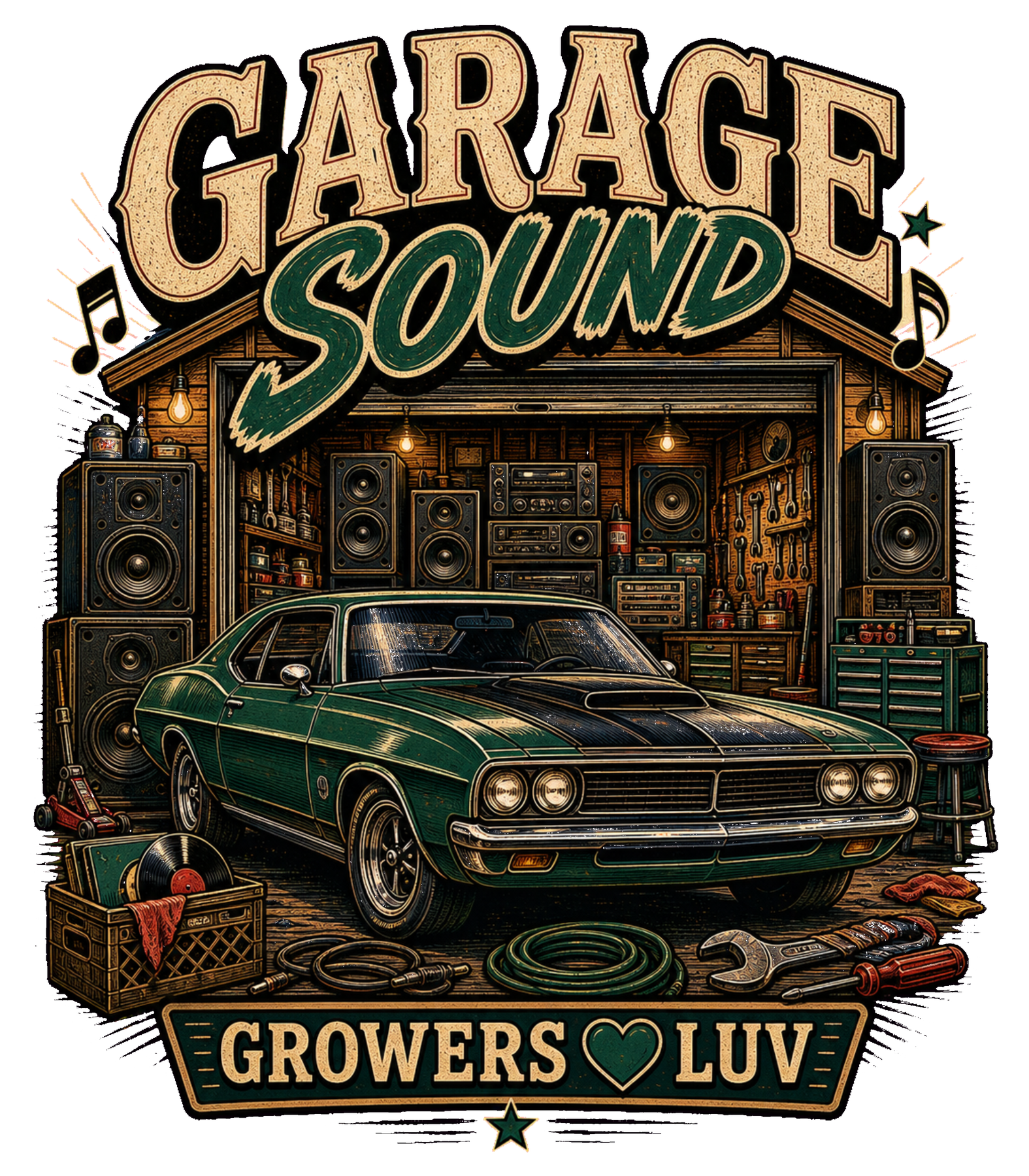 Garage Sound Large Natural Tote Bag artwork detail